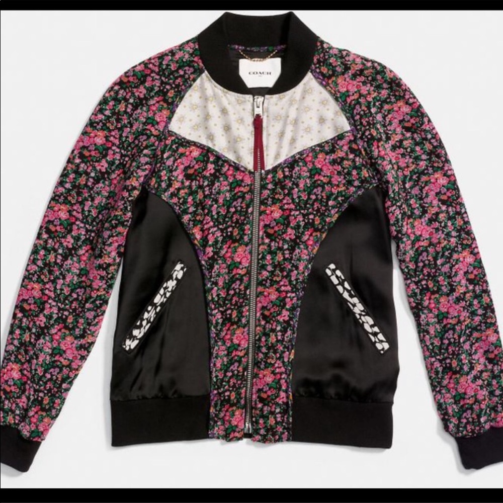 NEW! COACH Silk Framed Varsity Jacket Floral  XS
